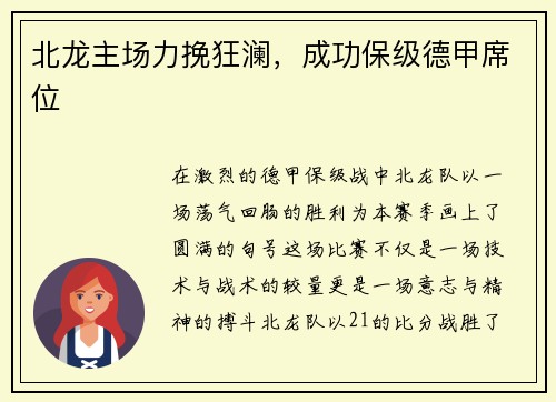 北龙主场力挽狂澜，成功保级德甲席位